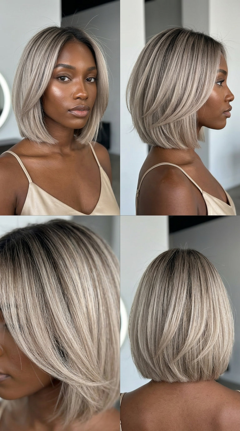 short cool ash blonde bob with dark charcoal root smudge and blunt perimeter for chic look