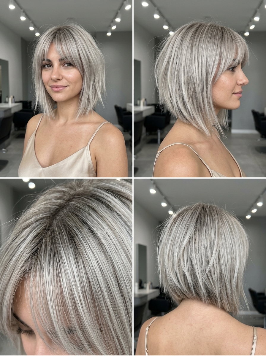 short ash blonde bob with charcoal root smudge, razor texturized, choppy curtain bangs — bold & modern