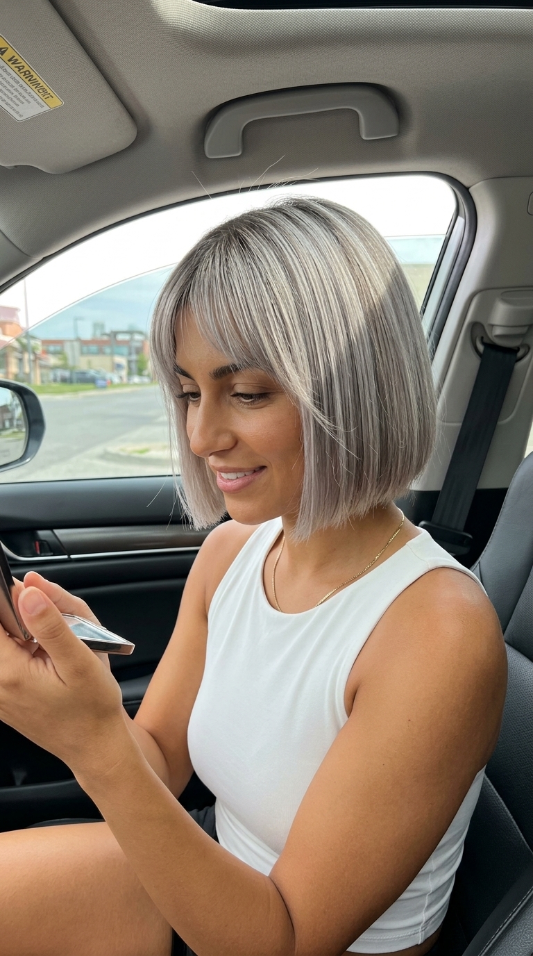 short french bob haircut with ash blonde, silver micro-highlights, charcoal root — minimalist, sophisticated