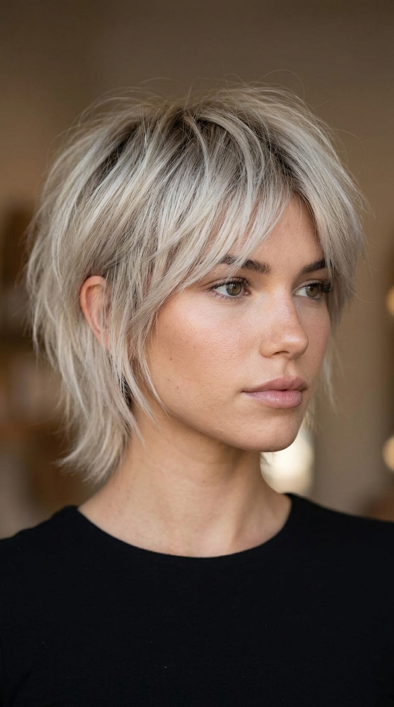 Edgy Ash Blonde Pixie Shag 2026 short ash blonde pixie shag with silver undertones, razored texture and micro-fringe for edgy style