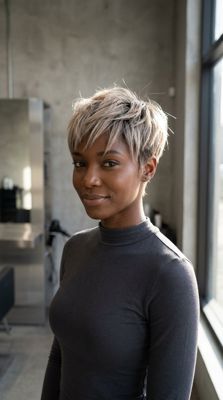 short cool ash blonde pixie with soft beige undertones and dark charcoal root