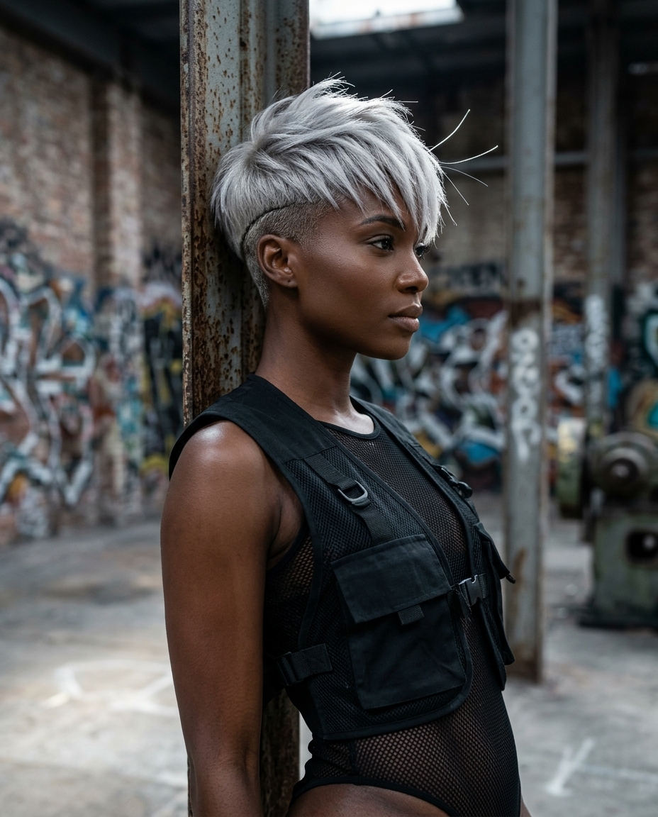 short ash blonde pixie haircut with undercut and choppy fringe for festivals