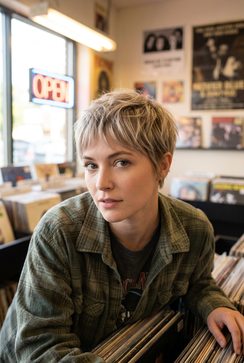 very short pixie haircut in cool ash blonde with babylights, wispy micro-fringe, choppy texture — effortless cool