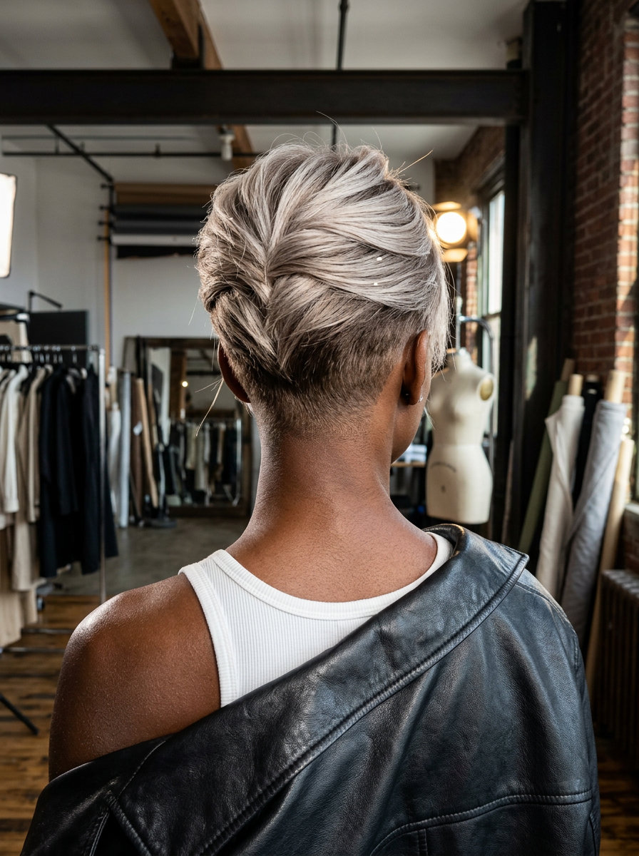 very short pixie half-up with cool ash blonde & soft brown root, razored texture, no bangs — edgy chic look