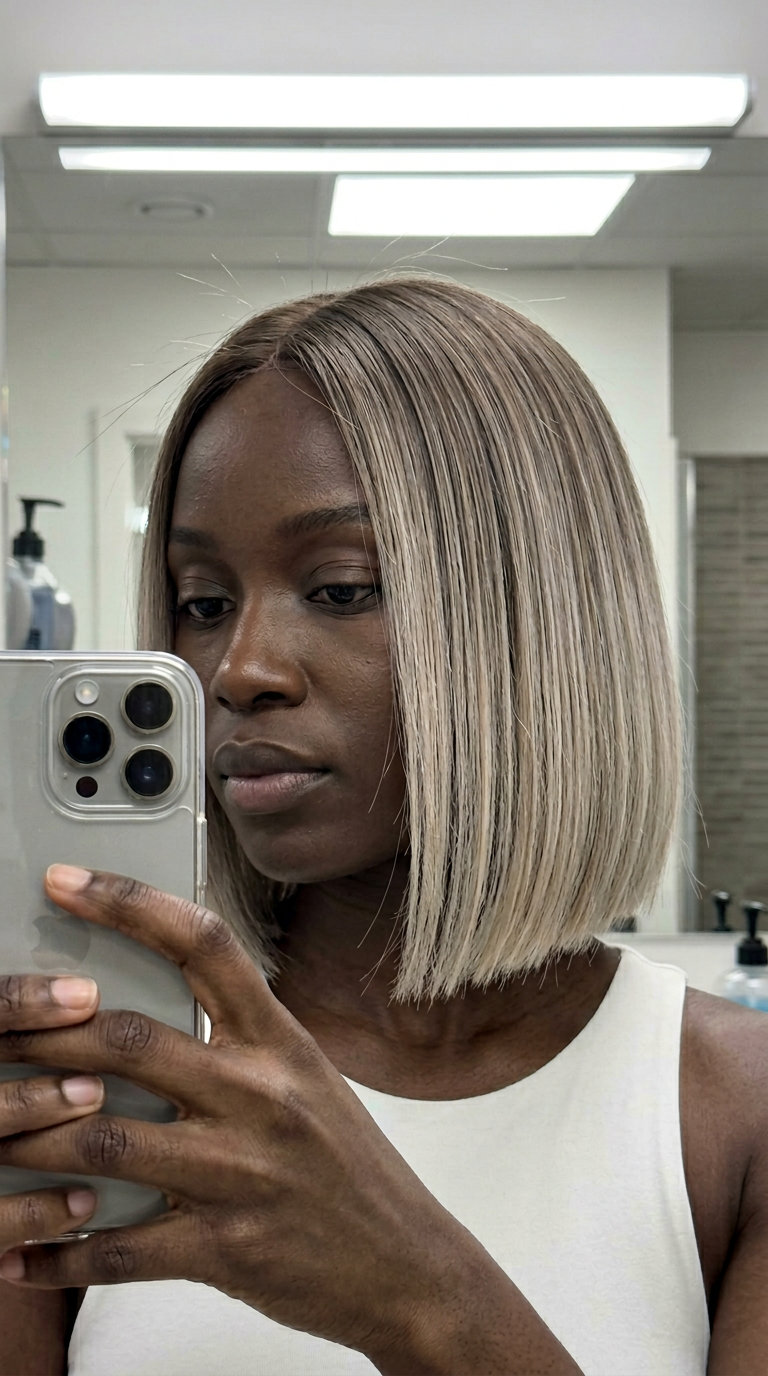 chin-length blunt bob with ash brown to ash blonde ombre, internal point-cut, center part — minimalist chic