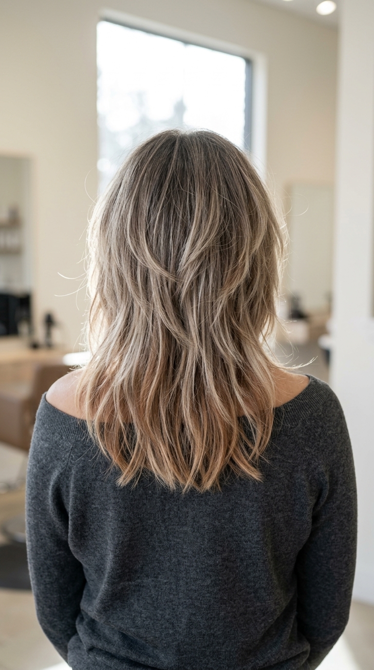 medium ash brown to cinnamon blonde ombre shag with choppy layers and curtain bangs for retro vibe