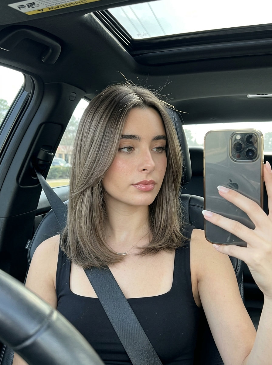 Ash Brown Root Smudge Brunette 2026 long sleek brunette hair with ash brown root smudge, cool-toned blend for summer