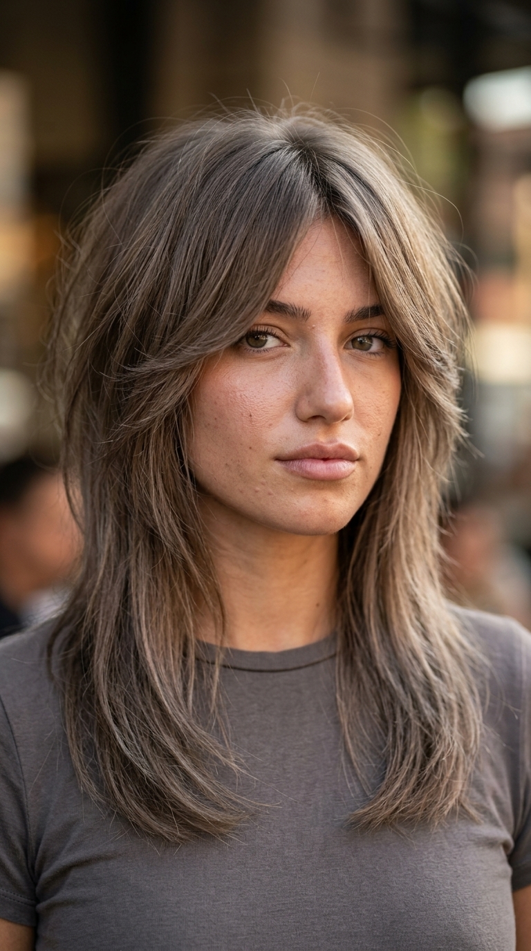 long layered ash brown shag with face-framing layers and slate undertones for summer