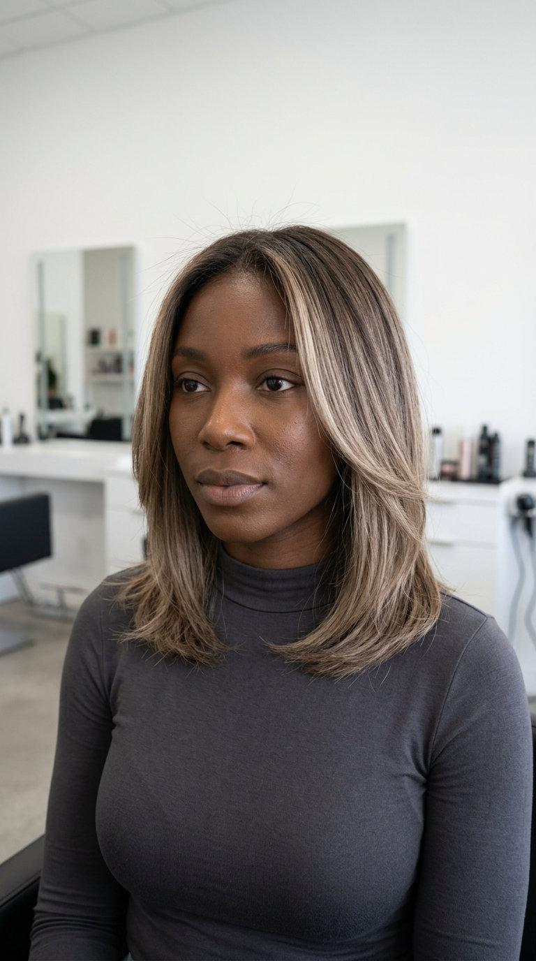 medium length cut with ash brown to beige blonde ombre, ghost layers, center part — minimalist natural