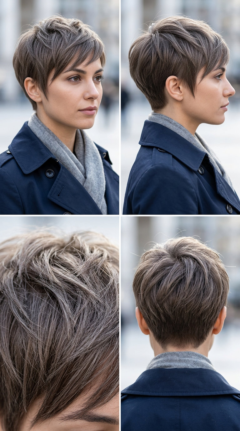 close-cropped pixie in cool ash brown, subtle silver reflects, tapered perimeter, feathered fringe — chic