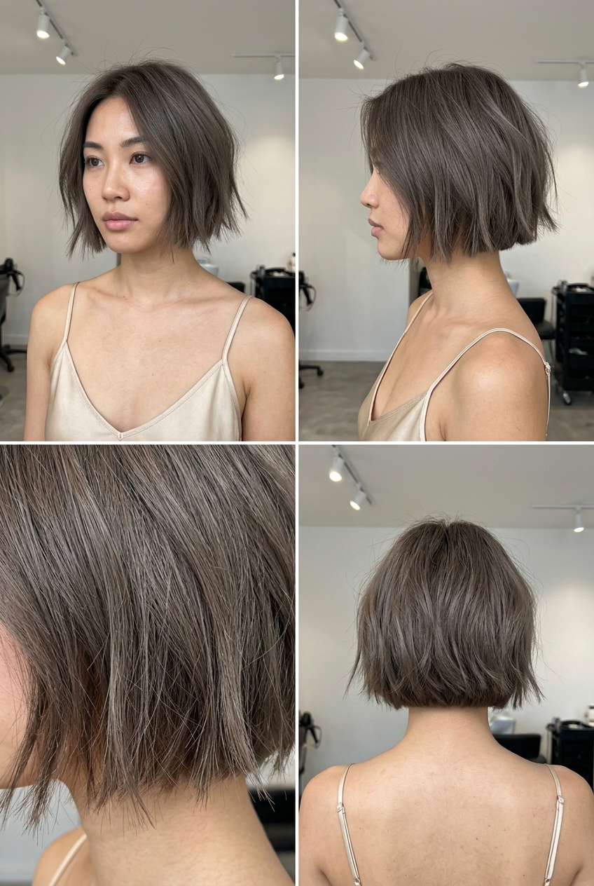 Ash Brown Bob 2026: Edgy Micro Bob short choppy bob haircut with cool ash brown, undercut nape, no fringe — edgy modern