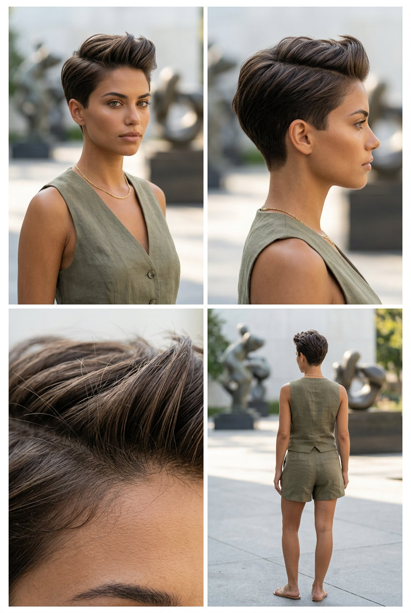 short geometric haircut with deep ash brown color, matte styling paste, and sharp angles for summer