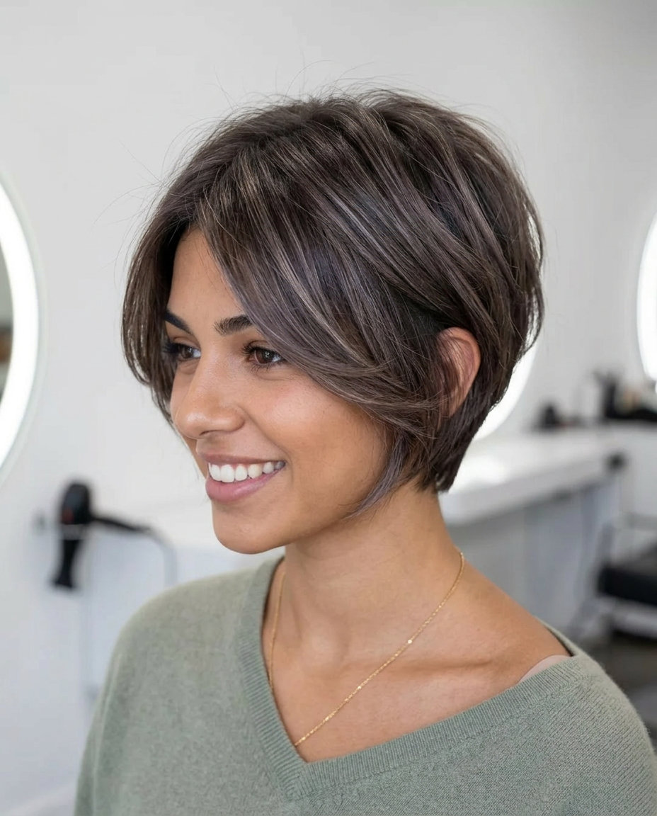 short textured pixie with ash brown and iridescent beige highlights, cool toned blend — edgy sophisticated look