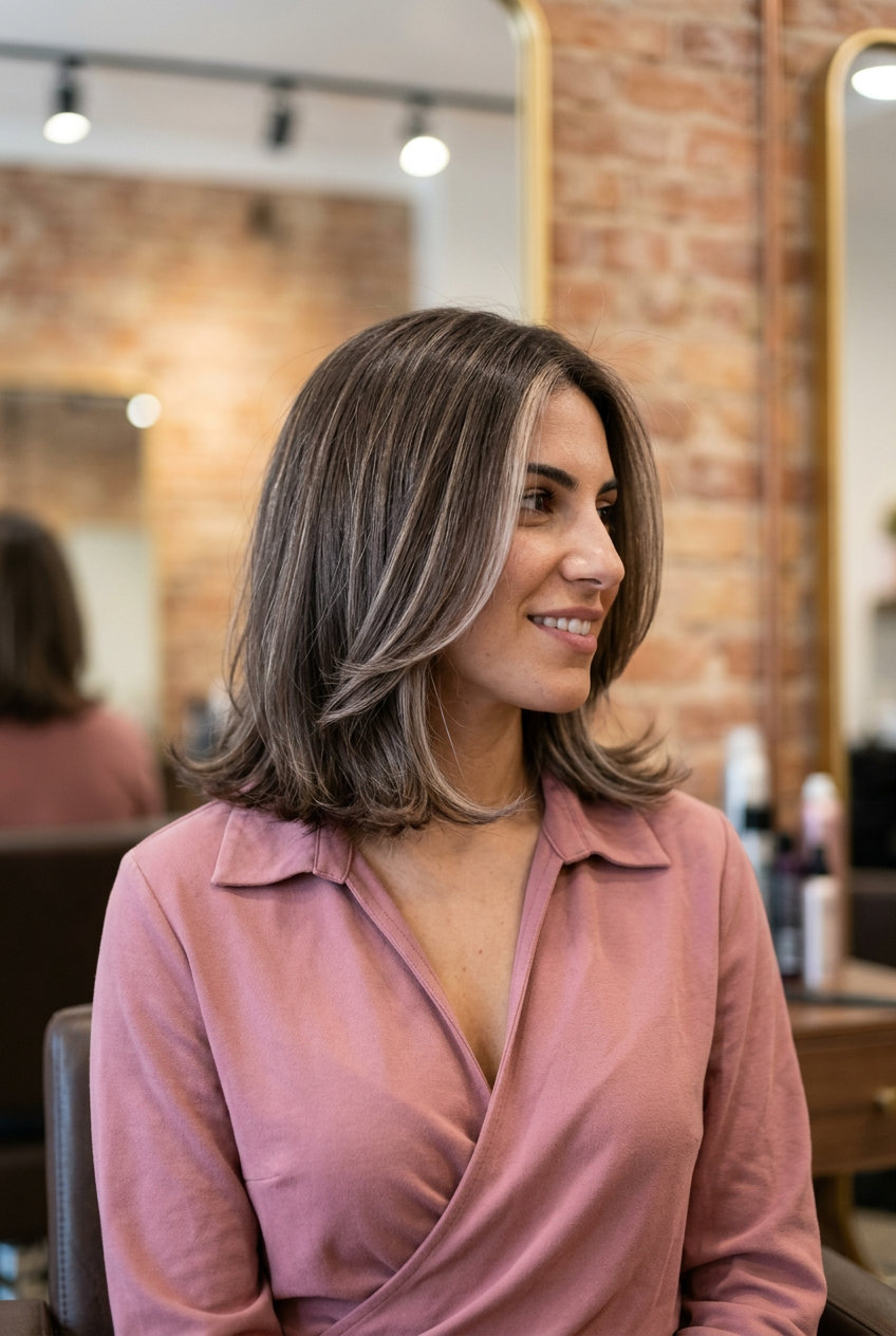 Ash Truffle Face-Framing 2026 shoulder-length ash truffle mushroom brown hair with beige face-framing, no fringe — soft elegant understated