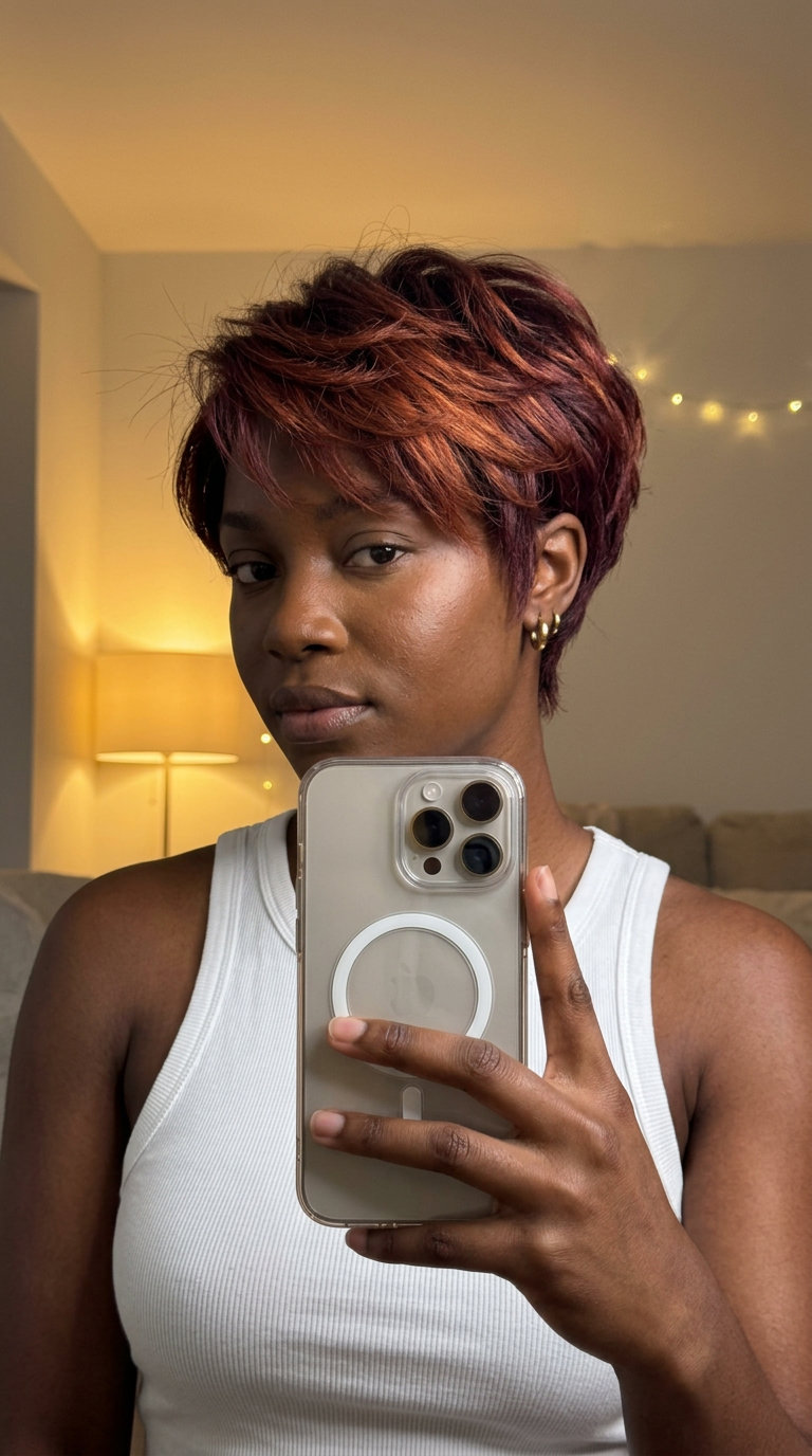 textured pixie with auburn tinted brunette base, red-violet undertones — bold edgy look