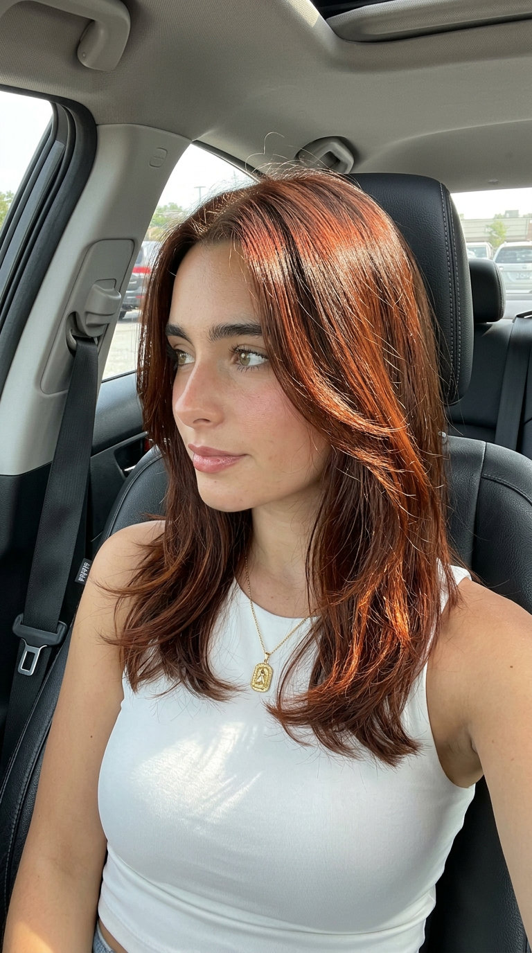 Auburn Kissed Brunette with Sunlit Layers 2026 long layered brunette with auburn undertones, copper-red gloss, sunlit layers — romantic