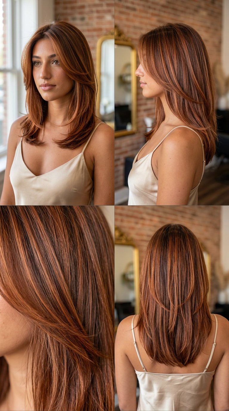 Auburn Balayage Brunette 2026 long layered cut with auburn infused balayage and subtle copper highlights