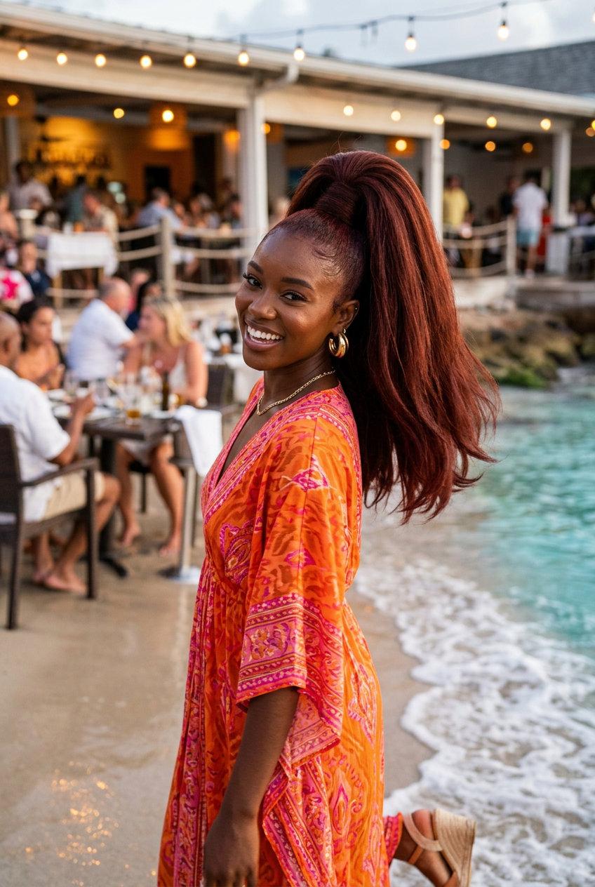 Bold 'Fountain' Palm Ponytail 2026 long voluminous ponytail with deep auburn, architectural fountain effect for bold music festival