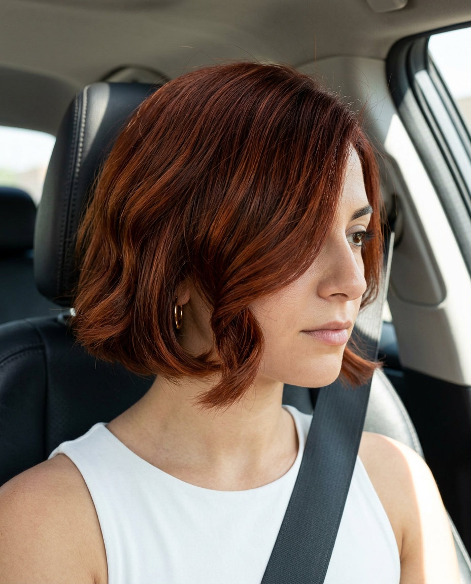 short french bob haircut with auburn red, copper lowlights, graduated layers — romantic, glamorous