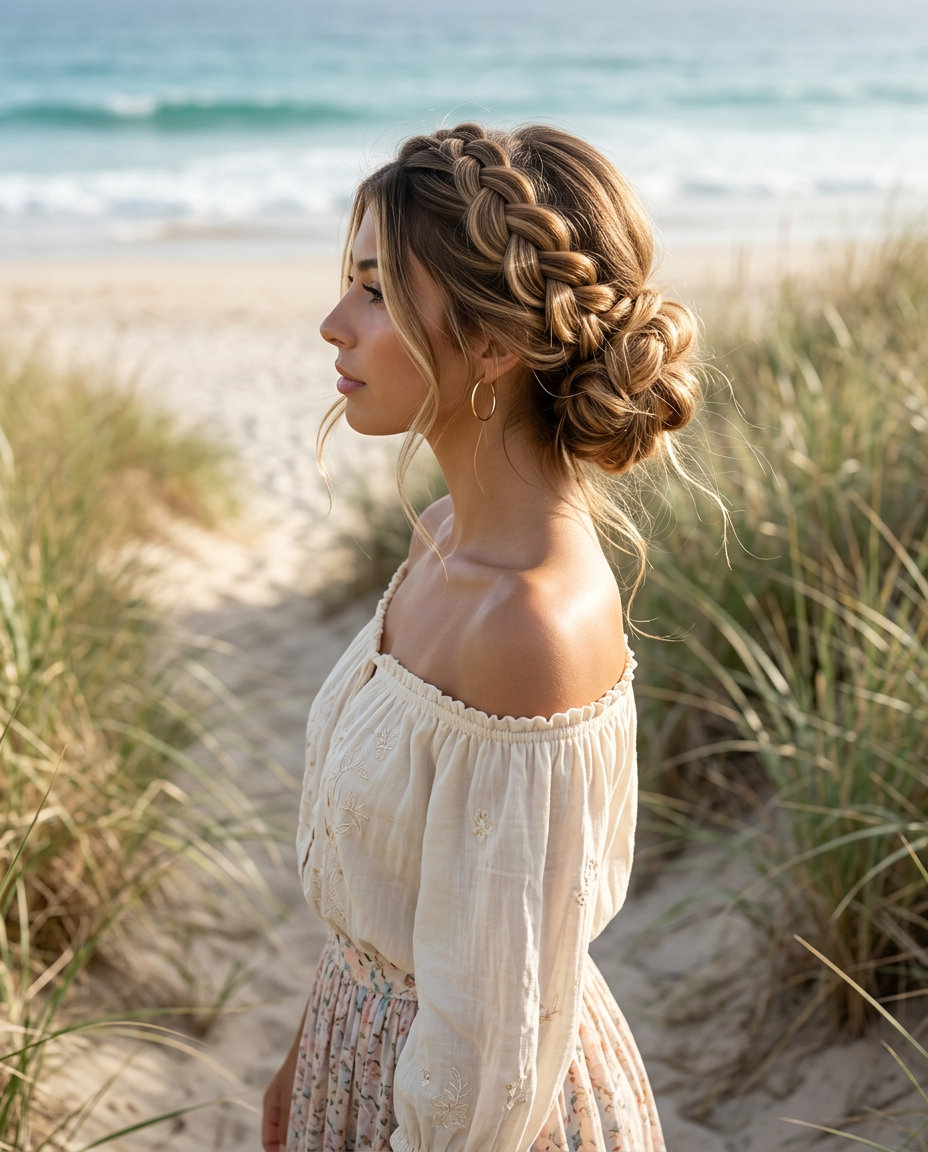 messy summer updo hairstyles 2026 with balayage, dutch braid textured, romantic