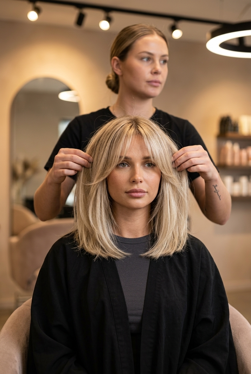 collarbone beige blonde lob with mushroom lowlights, face-framing layers, airy curtain bangs — chic