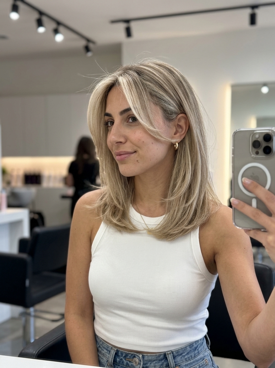 Scandi Sun-Kissed Blend: Effortless Summer 2026 collarbone-length layered haircut with beige blonde babylights for summer 2026