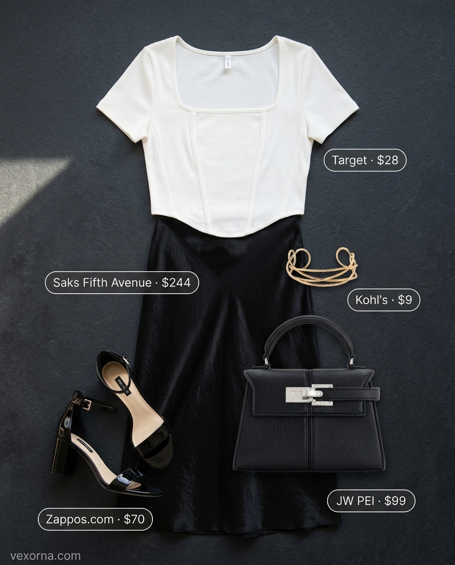Black satin midi skirt and crop top for evening. Best Summer Outfits for Every Body Type 2026.