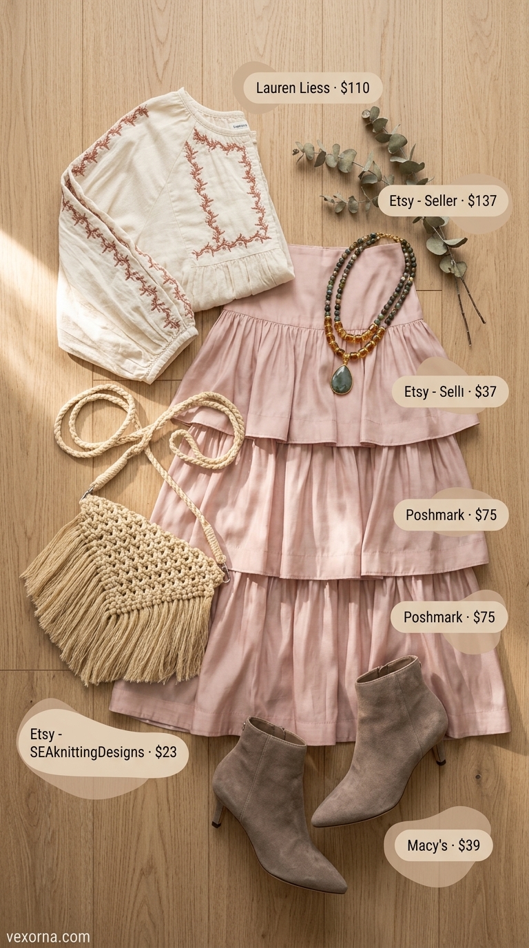 Best Summer Outfits 2026: Boho chic tiered skirt with embroidered blouse, suede boots, and macrame bag for festivals.