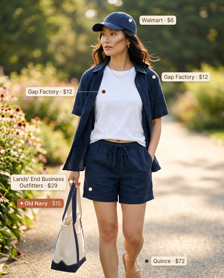 Casual navy linen shorts and white tee with tan slides for best summer outfits 2026.