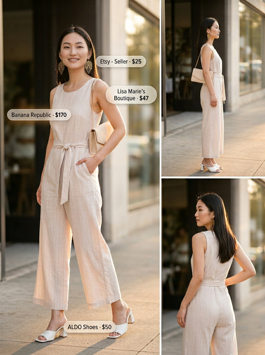 Chic beige linen jumpsuit with gold statement earrings for best summer outfits 2026.