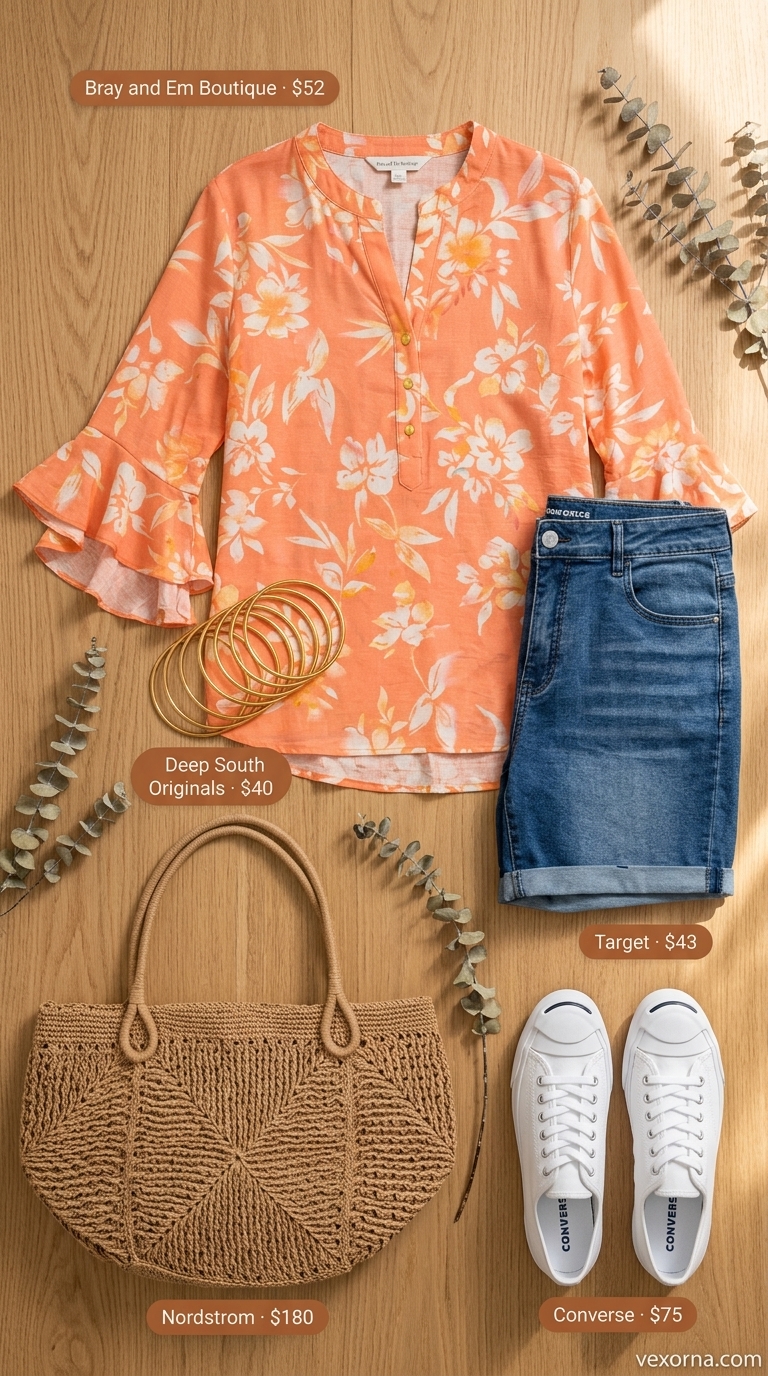 Boho denim shorts with coral floral blouse and sneakers for best summer outfits 2026.