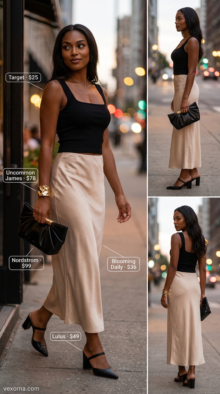 Glamorous champagne satin midi skirt and black crop top for best summer outfits 2026.