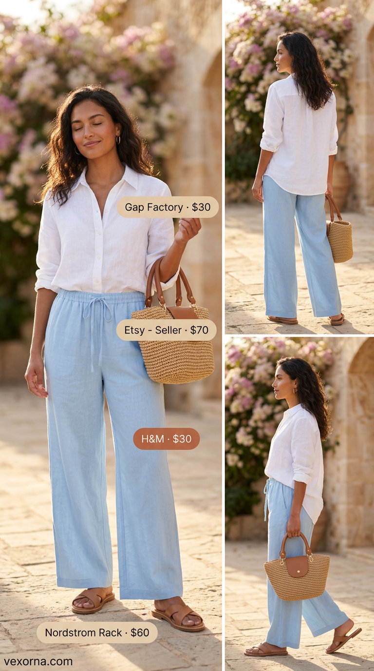 Light blue linen pants and white shirt set for best summer outfits 2026.