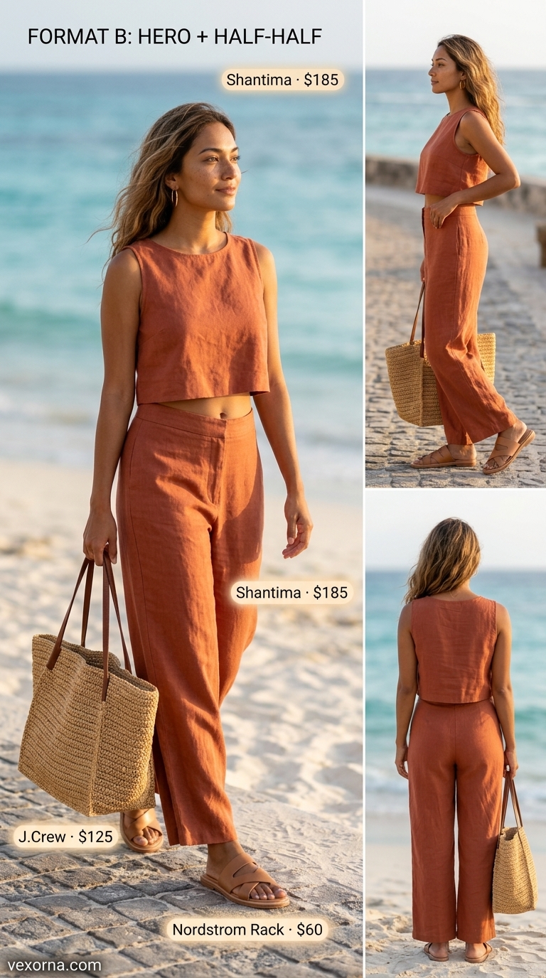 Terracotta linen matching set with straw tote for best summer outfits 2026.