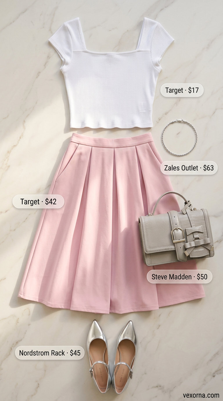 Pastel pink midi skirt and white crop top with silver flats for best summer outfits 2026.