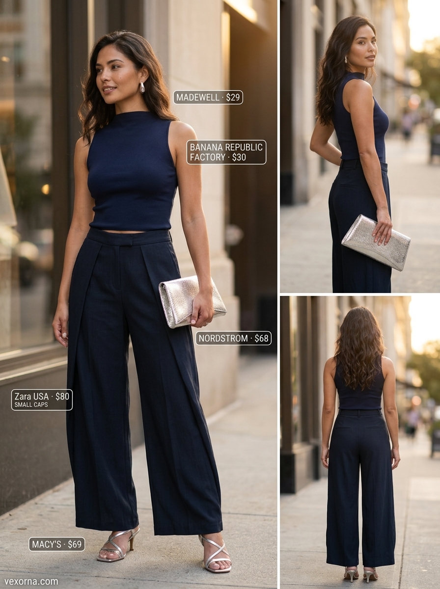 Best Summer Outfits 2026: Sophisticated navy wide-leg pants with fitted knit top, silver heels, and clutch for evening.