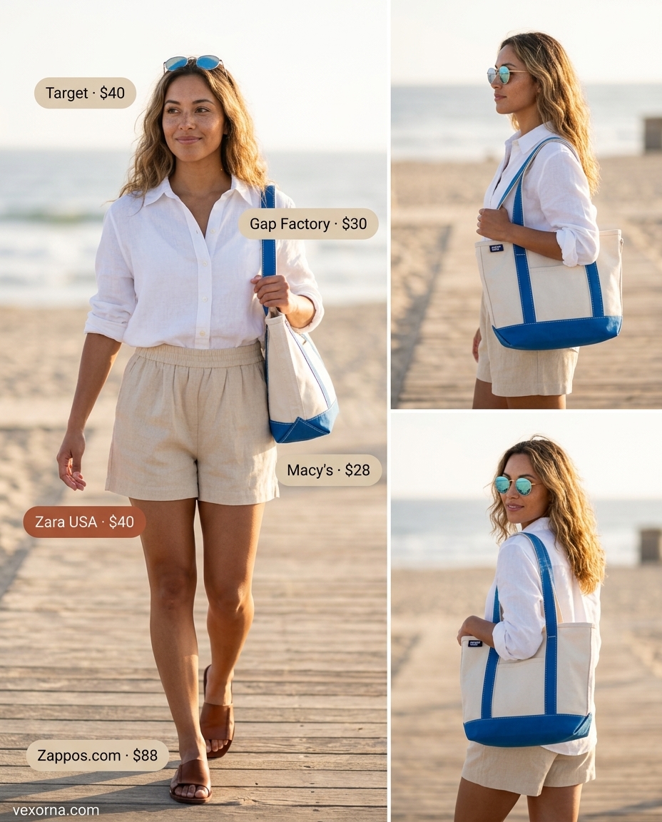 Best Summer Outfits 2026: Relaxed beige linen shorts with oversized white shirt, canvas tote, and leather slides.
