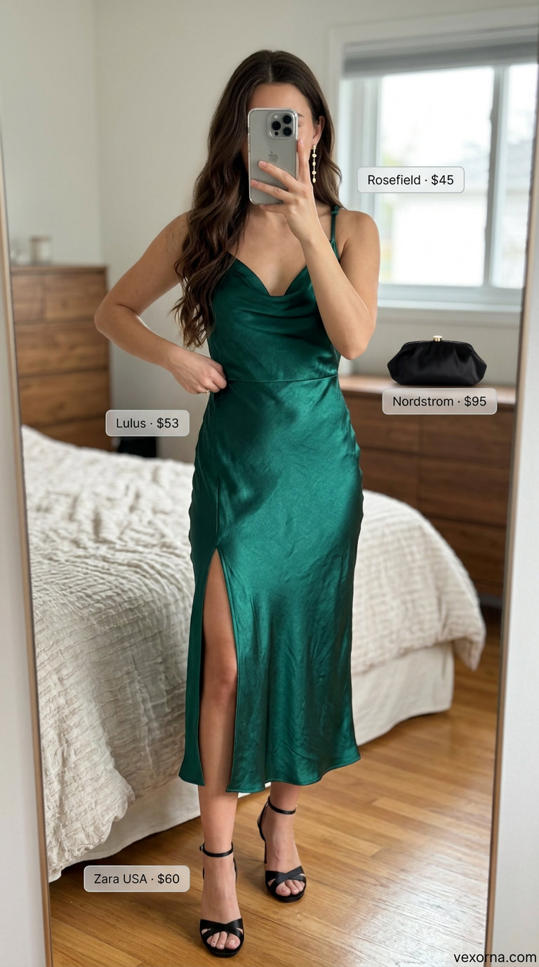 Elegant emerald green slip midi dress with gold earrings for best summer outfits 2026.