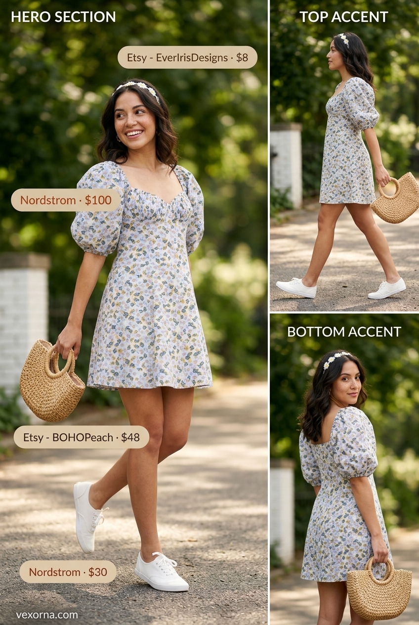 Best Summer Outfits 2026: Feminine pastel blue floral sundress with daisy headband, straw bag, and white sneakers.