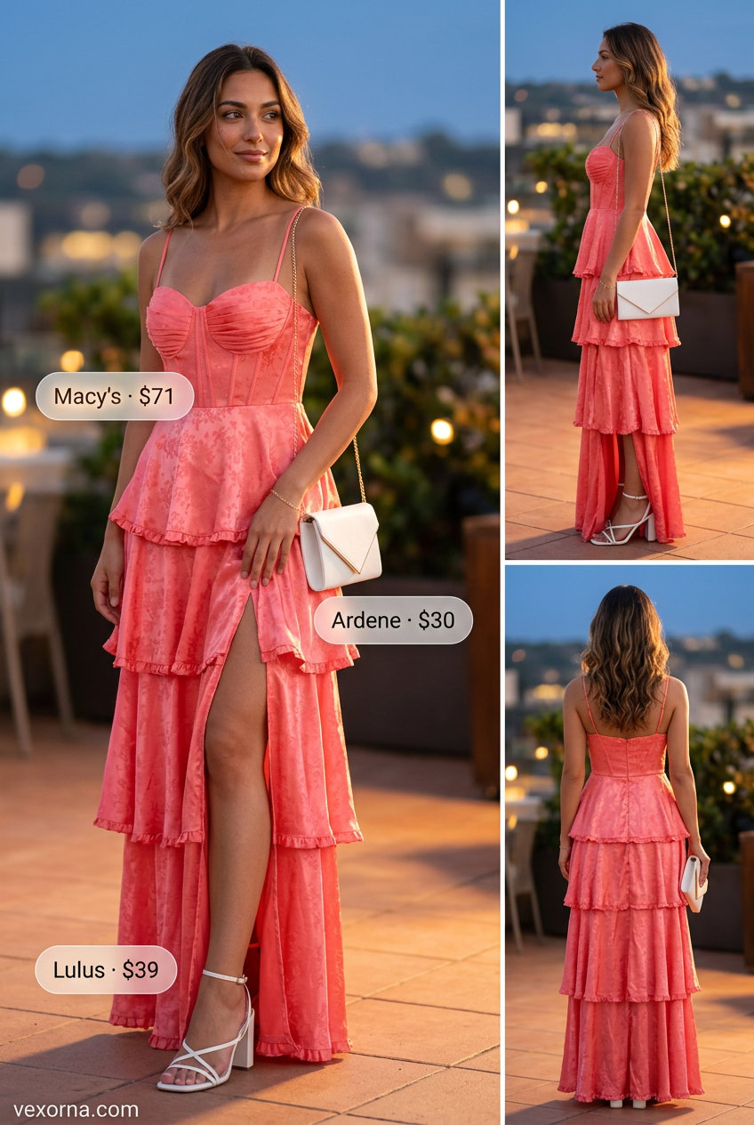 Best Summer Outfits 2026: Elegant coral maxi dress with strappy sandals, clutch, and gold bracelet for evening events.