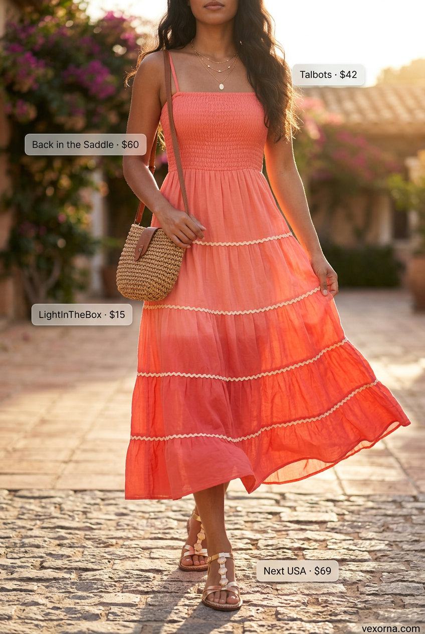 Best Summer Outfits 2026: Vibrant sunset ombre maxi dress with layered gold necklaces and embellished sandals for vacation.