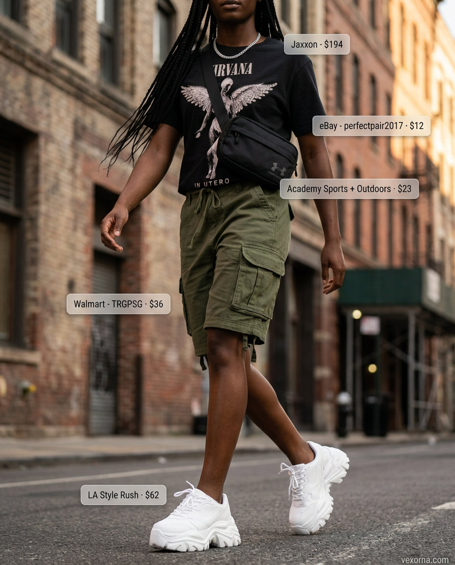 Best Summer Outfits 2026: Edgy olive green cargo shorts with graphic tee, chunky sneakers, and belt bag for streetwear.