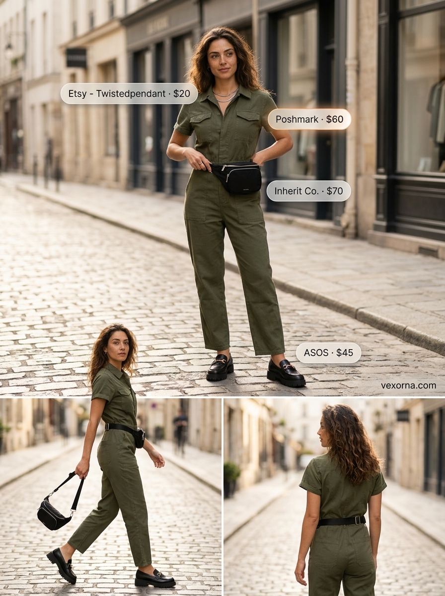 Best Summer Outfits 2026: Edgy olive green utility jumpsuit with black belt bag and loafers for city exploring.