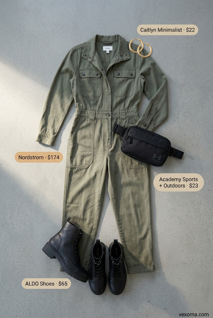 Best Summer Outfits 2026: Practical olive green utility jumpsuit with combat boots, silver hoops, and crossbody belt bag.