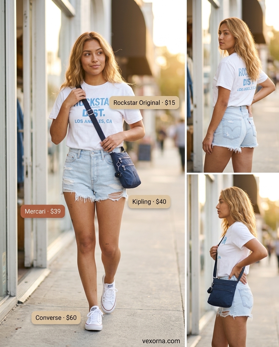 Best Summer Outfits 2026: Casual light wash denim shorts with graphic tee, blue crossbody bag, and sneakers for weekend fun.