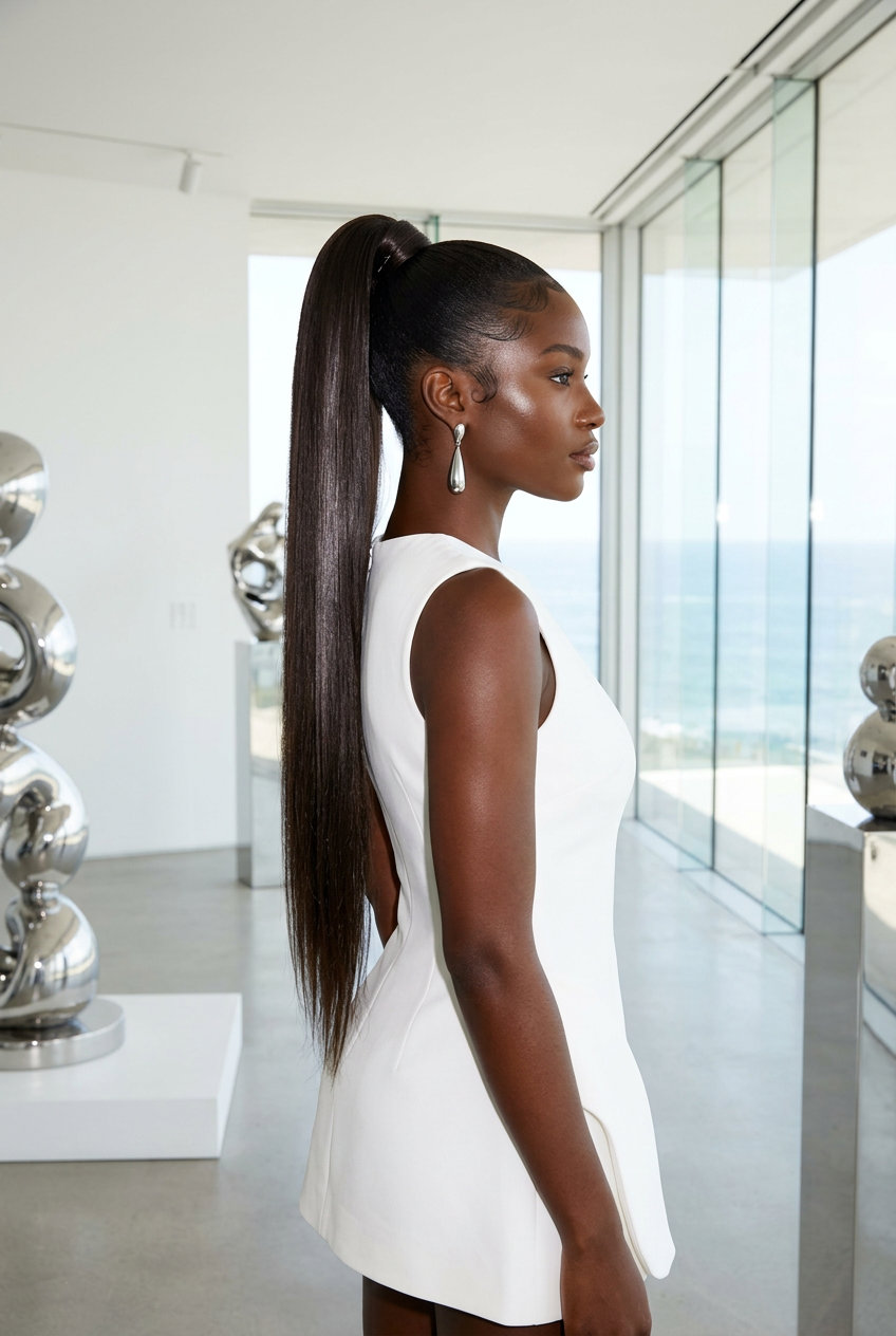 long straight black-brown ponytail with high shine and futuristic edge
