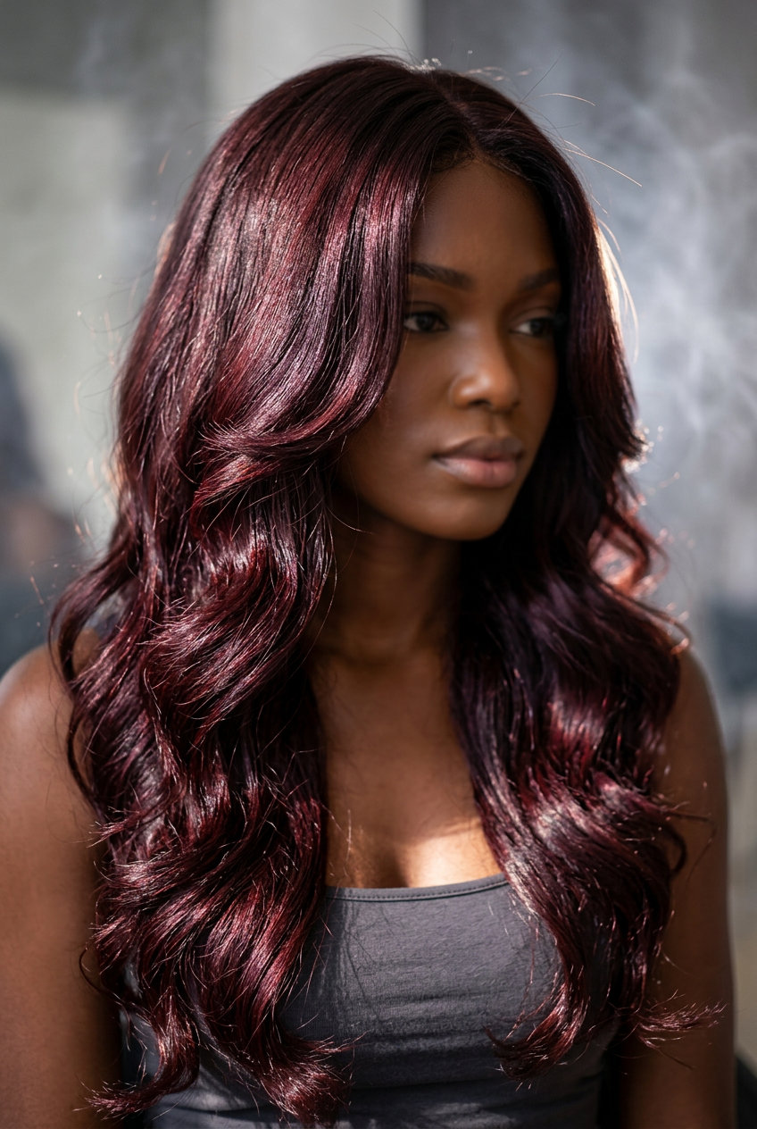 long hair with black cherry cola color and soft layers for summer