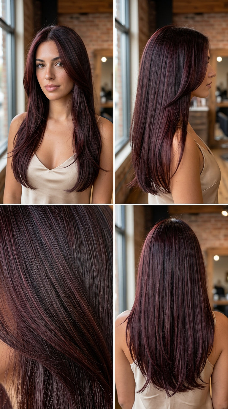 ultra long deep espresso brown with black cherry tint, invisible layers for romantic glamour