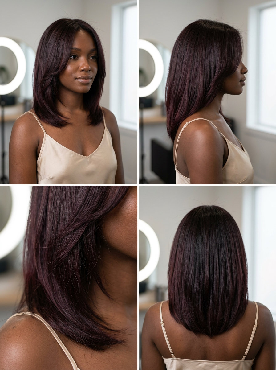 long deep cool brunette with black cherry tint, full head color melt for romantic mood