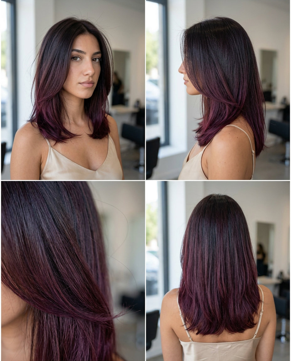 Bold Summer Brunette 2026: Black Cherry Ombré black cherry ombré on cool brunette with violet-red ends, bold transition for summer 2026